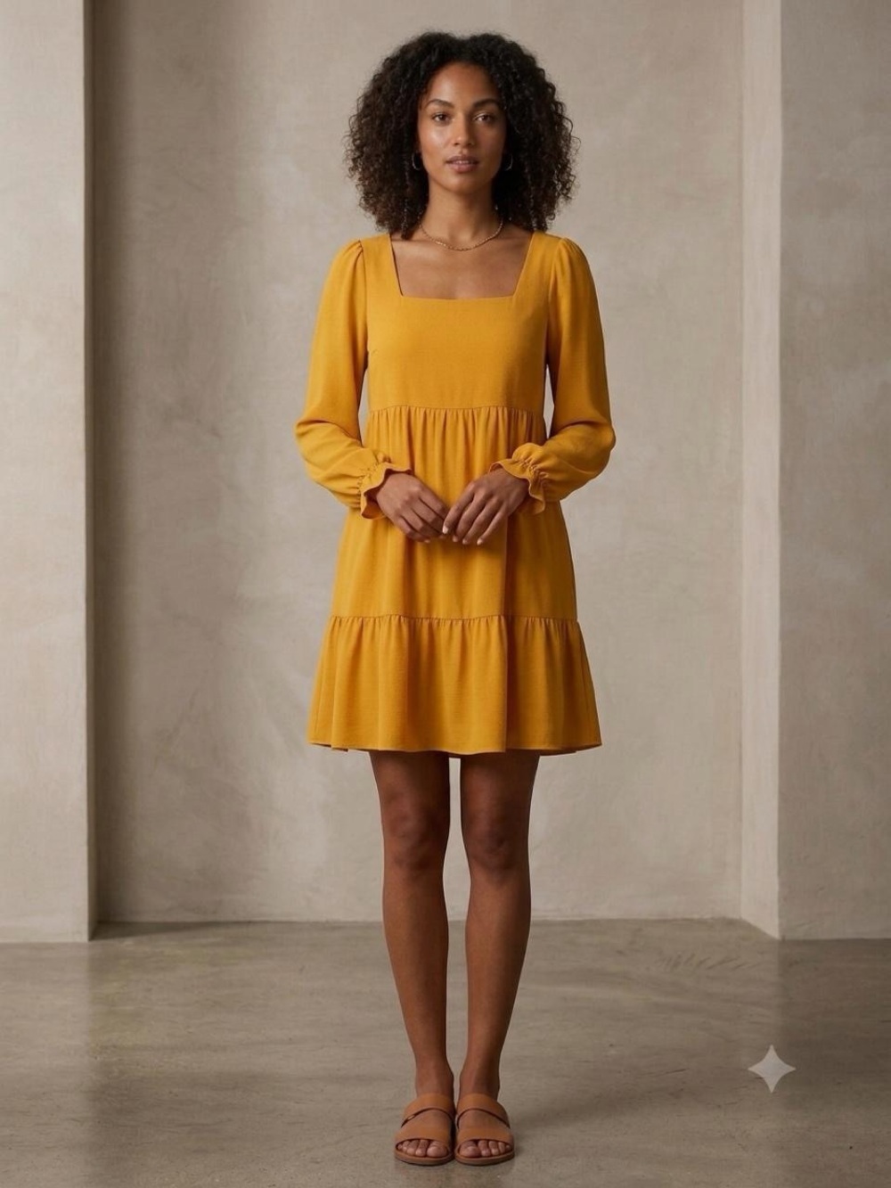 BCBG Square-Neck Tiered Mini Dress in Mustard